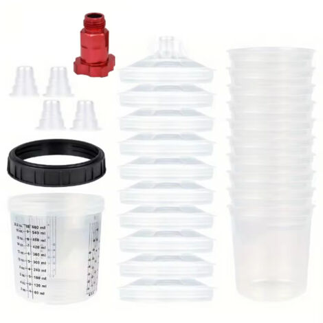 Gobelet peinture, Measuring cups pour pistolet à peinture de 600ML avec 10 gobelets et couvercles, 1 gobelet dur avec anneau de retenue, 1 adaptateur de gobelet