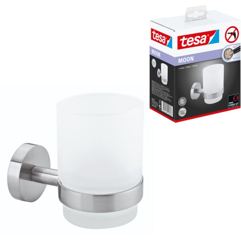 Moon tumbler & verre a brosse a dents, acier inoxydable look, adhésif, technologie sans percer, 109 mm x 70 mm x 96 mm - Tesa