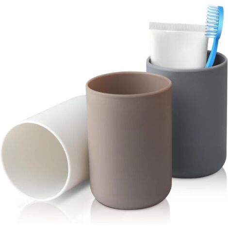 Gobelet Salle de Bain, Porte brosse à dents, Lot de 3, Plastique de qualité alimentaire, absolument incassable (blanc, gris, marron)