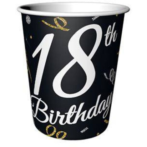 Gobelets en papier B&C 18 Birthday, 18e anniversaire, 6 pièces.