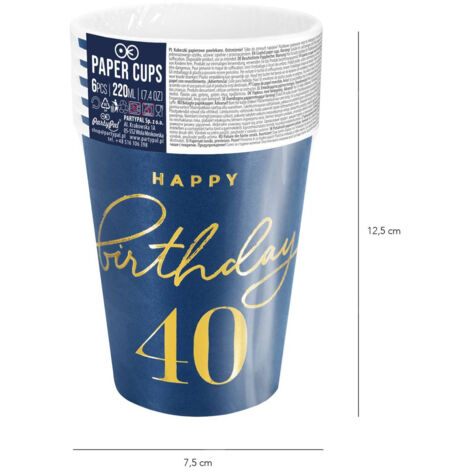 Gobelets Joyeux Anniversaire 40, bleu marine 220ml 6 pcs.