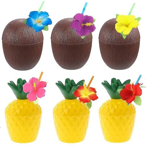 Gobelets noix de coco et ananas pour fête hawaïenne, fête d'été sur la plage, anniversaire, 12 pièces