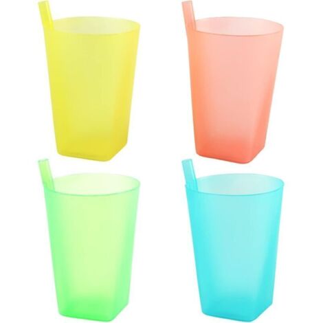 Gobelets réutilisables avec paille intégrée – 4 couleurs, 360 ml, sans BPA, empilables – Lot de 4 pour enfants et adultes