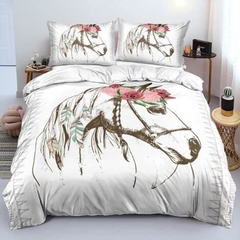 GOD12550-Housse de Couette Cheval Blanc Parure de Lit avec Fermeture Éclair Housse de Couette Avec deux taies d\'oreiller 140x200 cm
