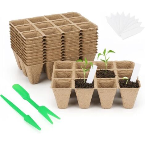 Godets de semis biodégradables – Lot de 120 unités avec 10 étiquettes jardinage, en fibre de coco et tourbe, idéal pour jeunes plants
