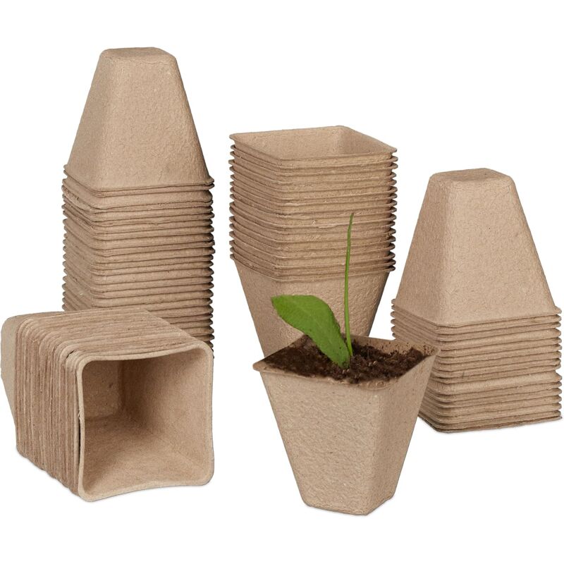 Godets semis biodégradables, lot Pratique de 50, carré, hlp 8 x 8 x 8 cm, Pots de Jardinage en Papier, Nature