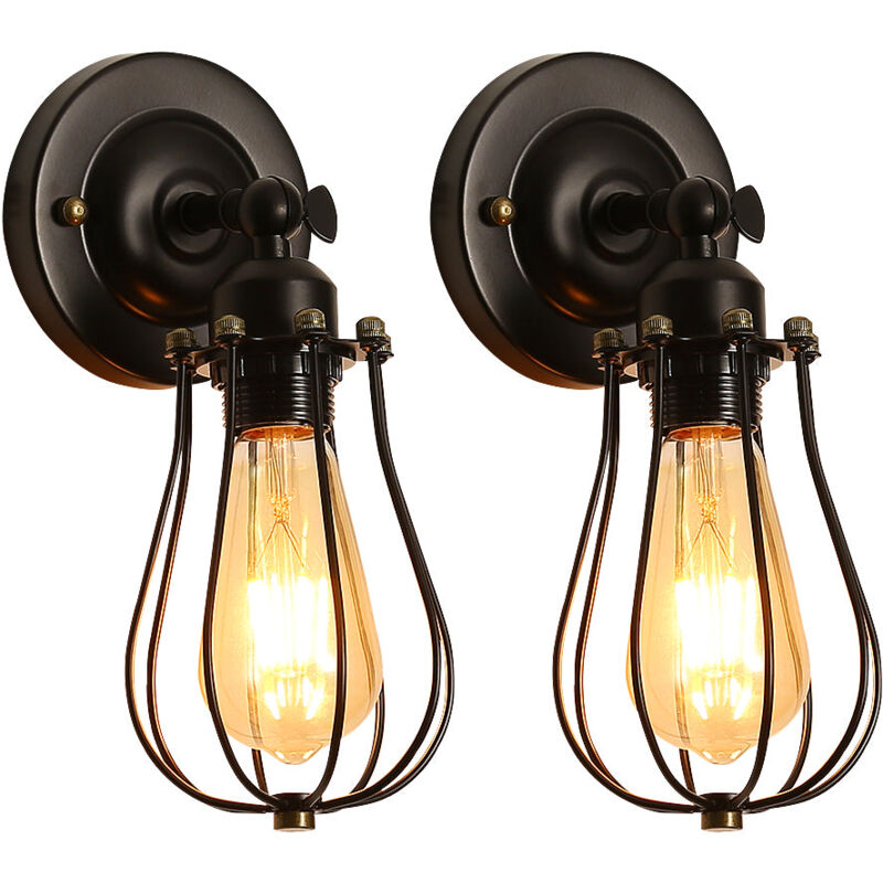 2 Pack Applique Murale Industrielle, Ajustable Rétro Metal Murale Applique Noir E27 Abat-jour Cage Lampe Murale, Vintage Supension Luminaire