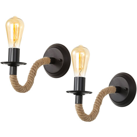 GOECO 2 Stück Wandleuchte Innen, Wandleuchte Retro, Hanfseil Schwarz Industrial E27 Wandlampe für Schlafzimmer, Wohnzimmer, Treppen, Flur (ohne Leuchtmittel)