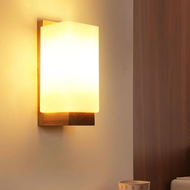 Goeco - Applique Murale Design Nordique, Bois Naturel, 12x10x25 cm, Verre Rectangulaire, Lumière Tricolore 12W, E27