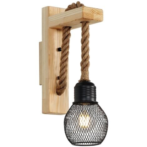 GOECO Applique Murale Industrielle Vintage, Lampe Murale en Bois Rustique Rétro, Abat-Jour en Cage en Métal Noir, Éclairage Mural à Suspendre en Corde de Chanvre (Sans Ampoules)