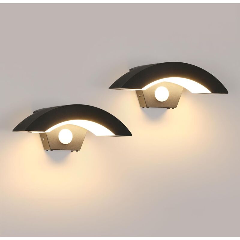 Appliques Murales Extérieures Modernes 2 Pièces, 12W Éclairage de Façade avec Capteur de Mouvement, Lumière Blanc Chaud 3000K IP65 Imperméable Noire