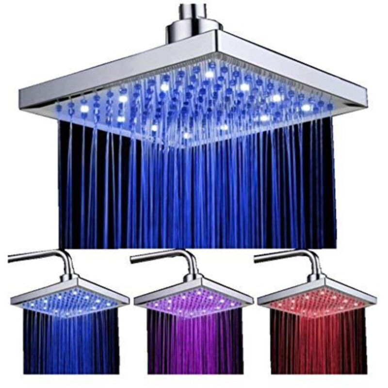 Goeco - Pommeau de Douche Led, 8 pouces Carre Contrôle de la Température, 3 Changement de Couleur abs Chrome Terminé, 12pcs Led Pommeau de Douche