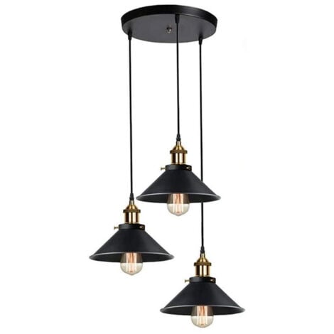 GOECO Industrial Pendant Light with 3 Lamps, Retro Ceiling Light in Black Metal, E27 Sockets, Ø22CM, with 100CM Adjustable Cable for Living Room, Bedroom, Kitchen (Without Bulbs)