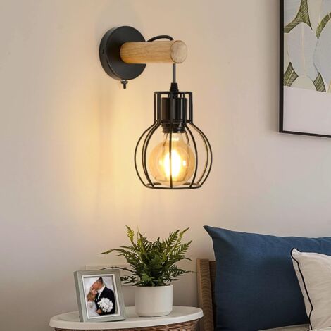GOECO Industrielle Wandleuchte, Wandlampe mit Schalter, Vintage-Käfig-Lampenschirm, E27-Wandleuchte aus Holz und Metall für Wohnzimmer, Schlafzimmer, Flur, Bar (ohne Glühbirnen)