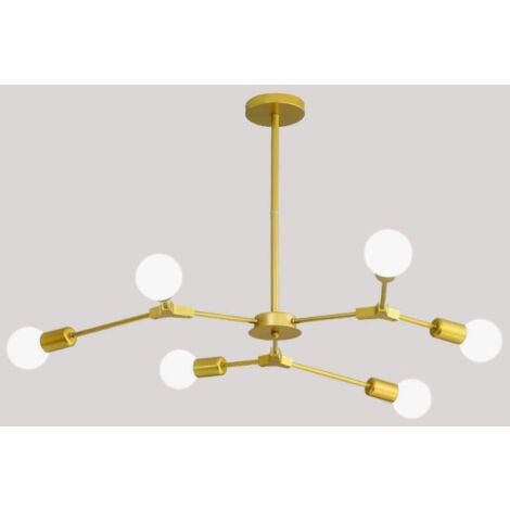 GOECO Lampadario  Oro, 6 Luci Base E27 Lampada a Sospensione Moderno, Mid Century Altezza Regolabile Illuminazione a sospensione per Soggiorno, Sala da Pranzo, Bar, Cucina