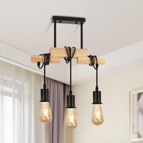GOECO Lampadario Retro 3 Portalampade In Legno Luce Pendente Base E27 Per soggiorno camera da letto sala da pranzo ufficio Bar Café Nero