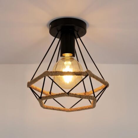 GOECO Lámpara de Techo Vintage Industrial 20CM x 22CM, Lámpara Colgante Retro de Diamante con Cuerda de Cáñamo E27 para Dormitorio Pasillo Loft Baño Cocina Sala (Bombilla no incluida)