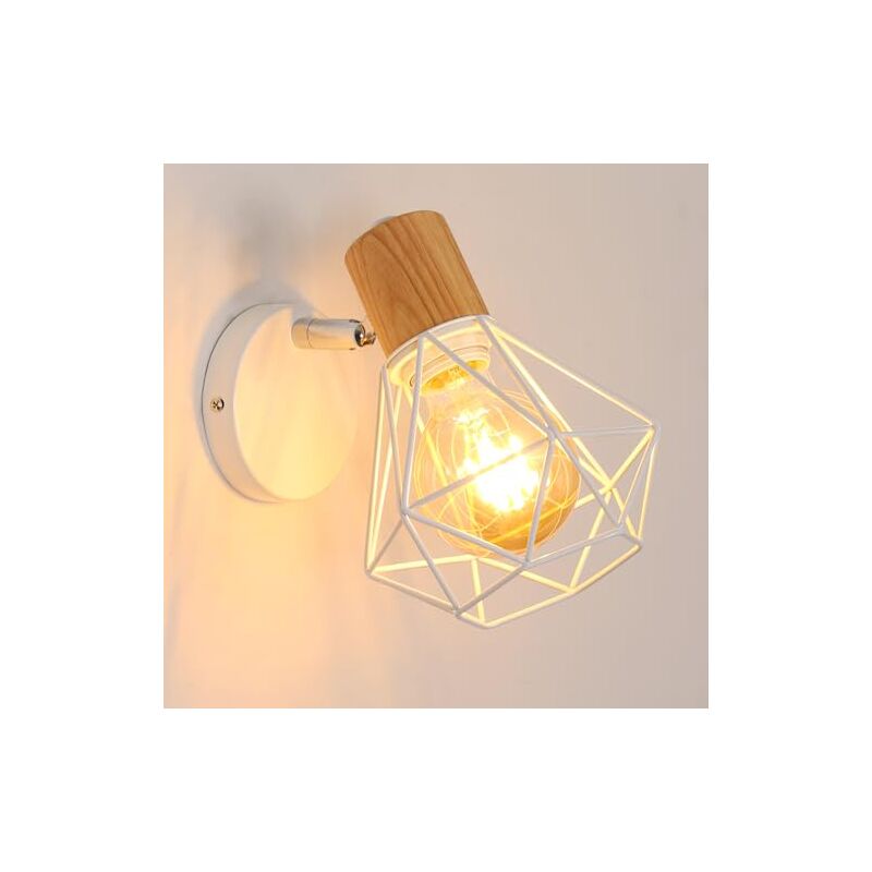 Goeco - Lampe murale design diamant en bois, blanc, 20x15.5x13.5 cm, avec tête pivotante chromée, support E27, ampoule non incluse