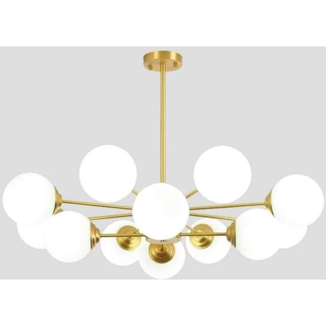 GOECO Lustre Doré Moderne, Douille E27 avec Abat-jour en Verre Dépoli Blanc, Lampe Suspendue pour Salon, Restaurant, Chambre à Coucher, 8 + 4 Lumières
