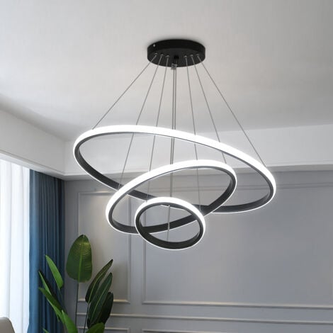 GOECO Suspension Moderne Plafonnier LED Lustre Aluminium LED 76W en Forme de Cercle 3 Anneaux Lustre Suspendu Réglable Plafonnier Contemporain, Dimmable 3000K/4500K/6500K, Noir