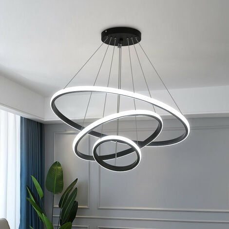 GOECO Moderna plafoniera a sospensione LED Lampadario in alluminio 76W a forma di cerchio a 3 anelli regolabile Plafoniera a sospensione contemporanea, dimmerabile 3000K/4500K/6500K, nera