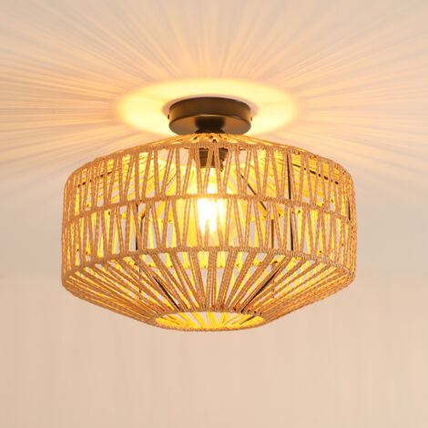 GOECO Plafonnier Décoratif en Rotin Tressé, Base Noire, 40x40x30 cm, Douille E27 (Ampoule Non Incluse), Pour Salon, Chambre, Véranda