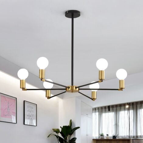 GOECO Plafonnier Industriel, Suspension Luminaire Vintage 6 têtes, Lampe de Plafond Sputnik en métal Noir et Or, Lustre pour salle à manger, salon, sans Ampoules
