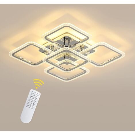 GOECO Plafonnier LED Moderne, Éclairage de Plafond Dimmable 2700K-6500K avec Télécommande, Lustre Carré Acrylique 60CM pour Chambre à Coucher, Salon (100W, 5 Lumières, Chrome)