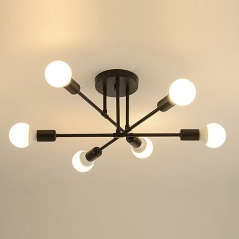 GOECO Plafonnier LED Moderne, Rétro Lustre Lampe Suspension Vintage 6 Lumières E27 Base, Lustre Luminaire en Métal Lampe pour Salon Chambre Cuisine Couloir Loft salle à manger Bar Café, Noir (Sans ampoules)
