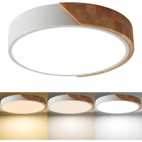 GOECO Plafonnier LED rond en bois blanc moderne avec télécommande 24 W