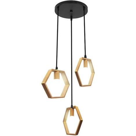 GOECO Sechseckige Pendelleuchte aus Holz, 3 Arme, 26 x 23 cm, verstellbare Länge, für Kücheninsel, Bar, Esszimmer