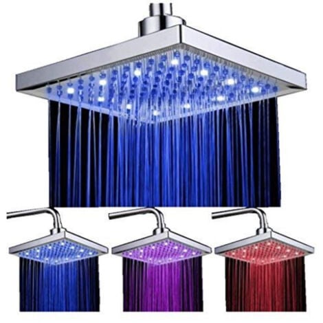 GOECO Soffione Doccia LED, 8 pollici Doccia Soffione Quadrato controllo della temperatura, Soffione Doccia a soffitto cromato finito con 12pcs LED, 3 colore cambiando flusso d'acqua alimentato