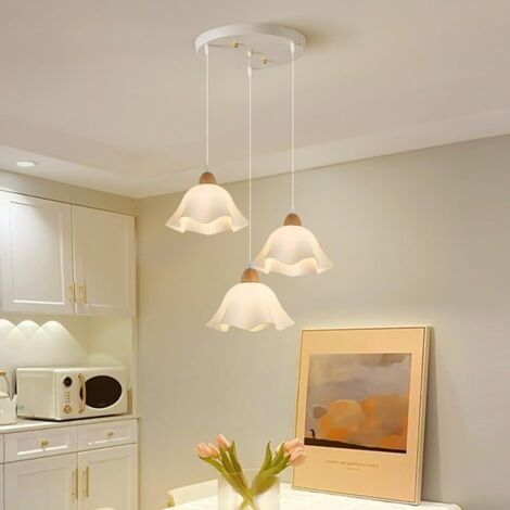 Goeco Sospensione a 3 Luci Stile Nordico Giapponese Wabi-Sabi – Lampada per Tavolo da Pranzo con Paralume Floreale in Acrilico E27 – Altezza Regolabile per Camera Soggiorno