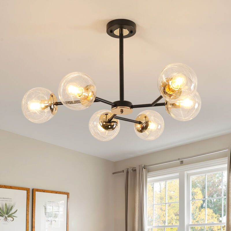 GOECO Suspension Design Moléculaire à 6 Bras, Noir Sablé et Doré, Verre 13 cm, Douilles E27 (Ampoules Non Incluses), Style Scandinave Moderne, Pour