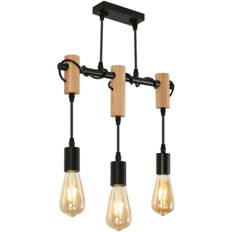 GOECO Suspension Luminaire Industrielle, Luminaire Plafonnier Vintage en Bois Noir, Lustre Suspension Industrielle, pour salon ou restaurant (Ampoule Non Incluse) 3 Lumières-E27