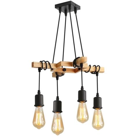 GOECO Suspension Luminaire Industrielle, Luminaire Plafonnier Vintage en Bois Noir, Lustre Suspension Industrielle, pour salon ou restaurant (Ampoule Non Incluse) 4 Lumières-E27