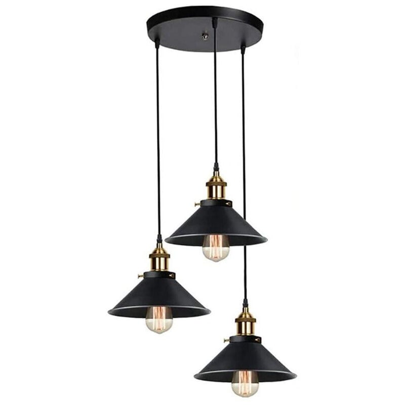 Plafonnier Industriel 3 Lampes Suspension Rétro - Métal Noir - Douilles E27 - Ø22cm - Câble Réglable 100cm - Pour Salon/Chambre/Cuisine (Sans