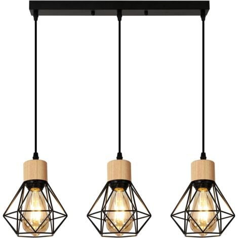 GOECO Suspension Luminaire Bois, Lustre Industriel Metal, 3 Lampe, Lampe de Plafond Vintage E27 pour Chambre Salon Cuisine Escalier Couloir (Ampoule Non Incluse)