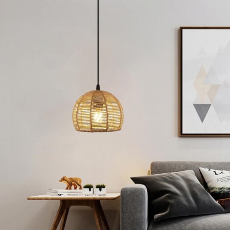 GOECO Suspension Rotin Lustre Rétro Lampe Suspendue En Rotin Naturel Tissé À La Main, Rond Bois Rotin Abat-Jour Réglable Hauteur E27 Suspension Luminaire pour Salon Chambre Salle Manger Cuisine Café