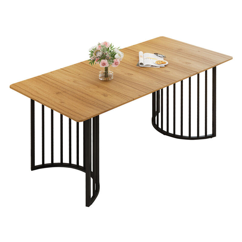 Table à manger moderne pour 4 personnes, table en bois avec base en fer courbée et pieds réglables - Goeurvant