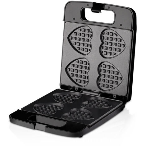 Gofrera con forma de corazón y revestimiento antiadherente para 4 gofres belgas, de acero inoxidable, 1400 vatios, ideal para desayunos, almuerzos, meriendas y tentempiés – Negra, 34 x 30 x 26 cm