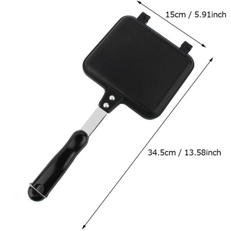 Gofrera doble de aluminio negro de 34,5 cm con revestimiento antiadherente y ganchos para guardar sándwiches y tostadas.