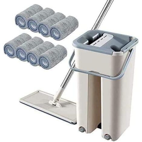 Gojoy – Kit de lavage de sol 2 en 1 – Balai plat autonettoyant avec 10 tampons microfibres – Seau 8L avec bouchons de vidange - SOL 2 EN