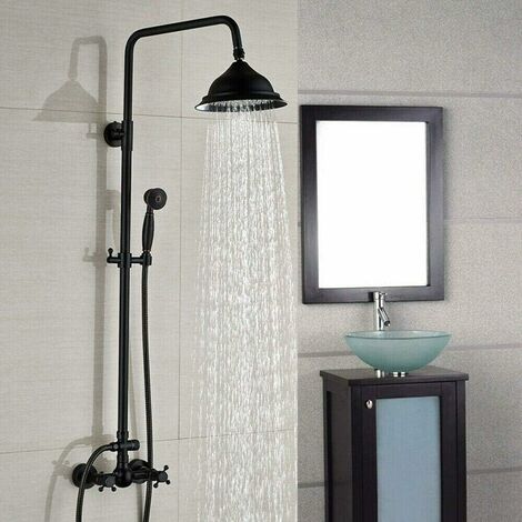 Gojoy – Colonne de douche sans robinetterie – Pommeau pluie 20 cm en acier inoxydable – Douchette à main en laiton – Corps réglable 80-120 cm – Finition noire