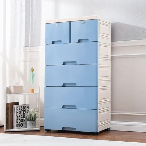 Gojoy – Commode de rangement sur pied 6 tiroirs – Dimensions 50x35x102cm – En plastique bleu avec 4 roues pour déplacement facile