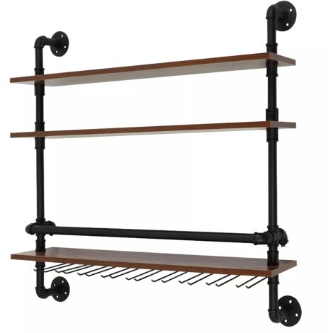 Gojoy – Étagère à vin murale industrielle en bois et fer – 3 niveaux – Dimensions 92 x 20 x 89 cm – Support en verre pour bouteilles – Décoration vintage
