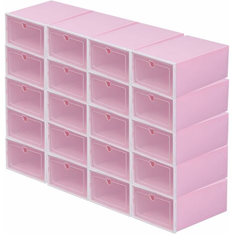Gojoy – Lot de 20 boîtes de rangement en plastique empilables pour chaussures – Dimensions 33 x 23 x 14 cm – Couleur rose – Matériau polypropylène