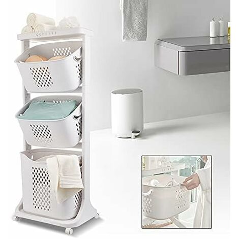 Gojoy – Panier à linge multi-niveaux 3 compartiments en PP – 43 x 33 x 109 cm – Léger avec roulettes – Construction ventilée pour éviter les odeurs