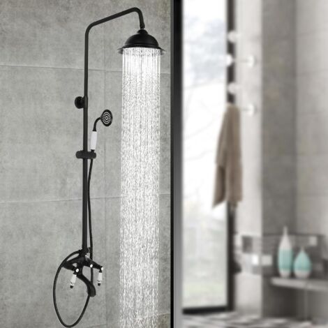 Gojoy – Système de douche rétro noir – Pommeau à effet pluie – Douchette et robinetterie – Installation murale – 3 modes de distribution