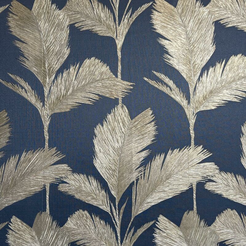 Alessia Leaf Navy Gold Wallpaper Floral Textured Embossed Metallic Vinyl Modern